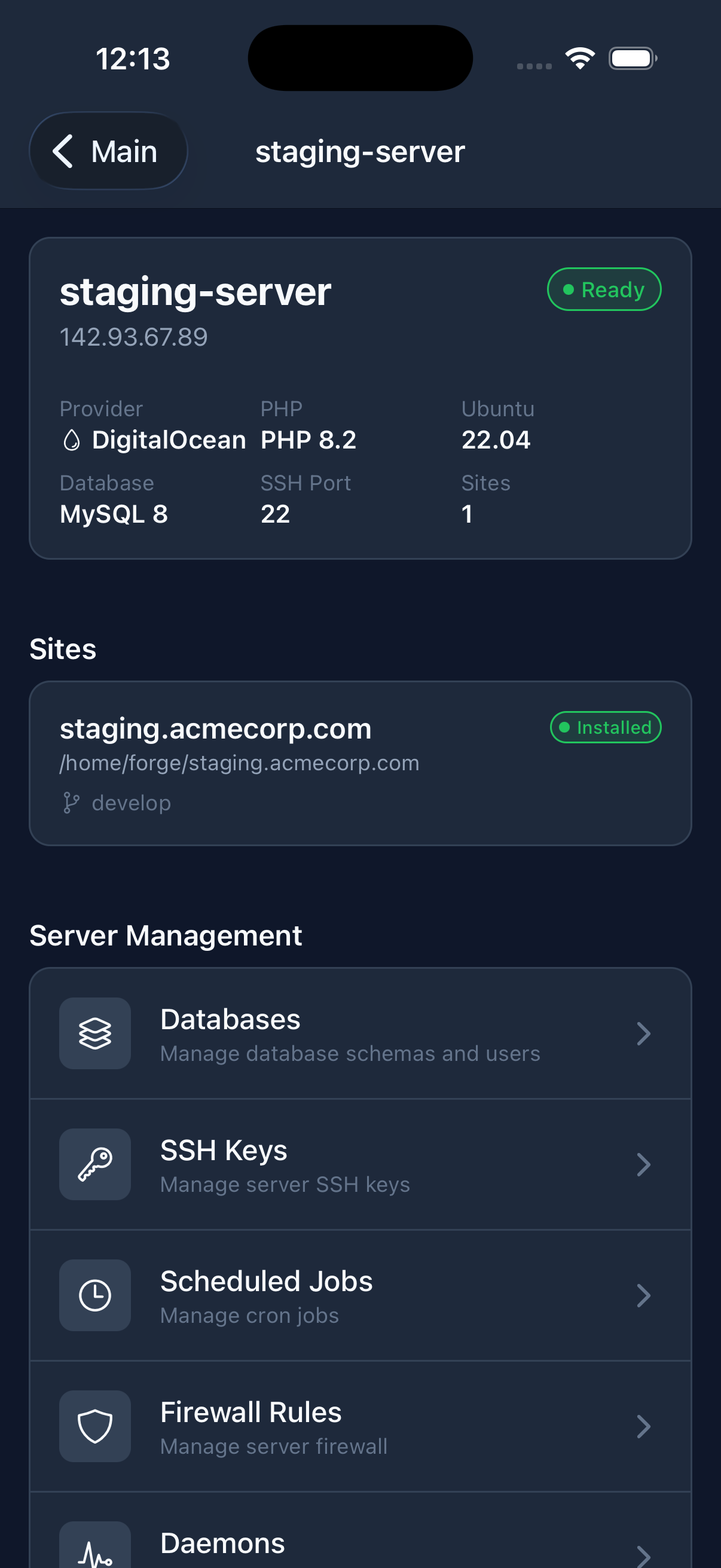 Anvil server overview showing sites and server management tools