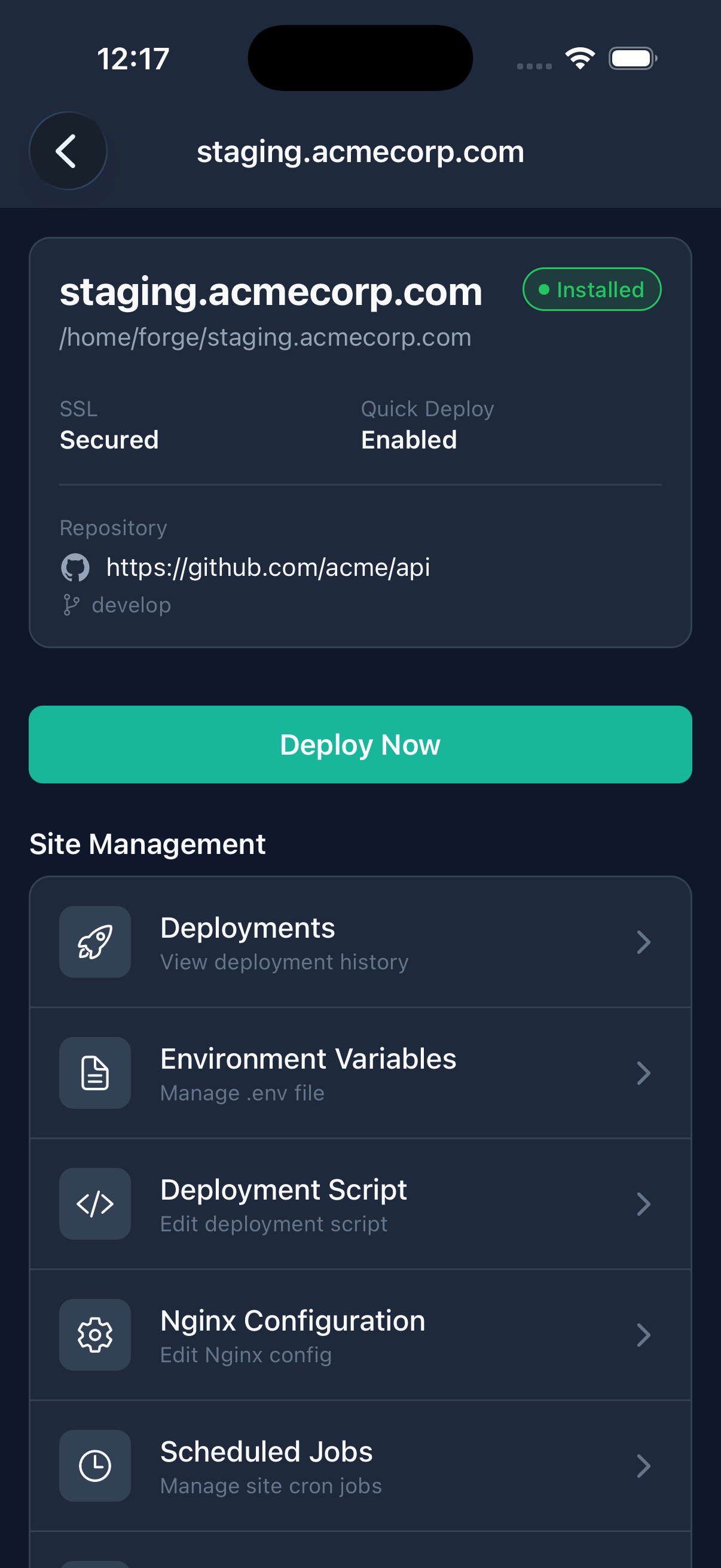 Anvil site overview showing deployment and configuration tools