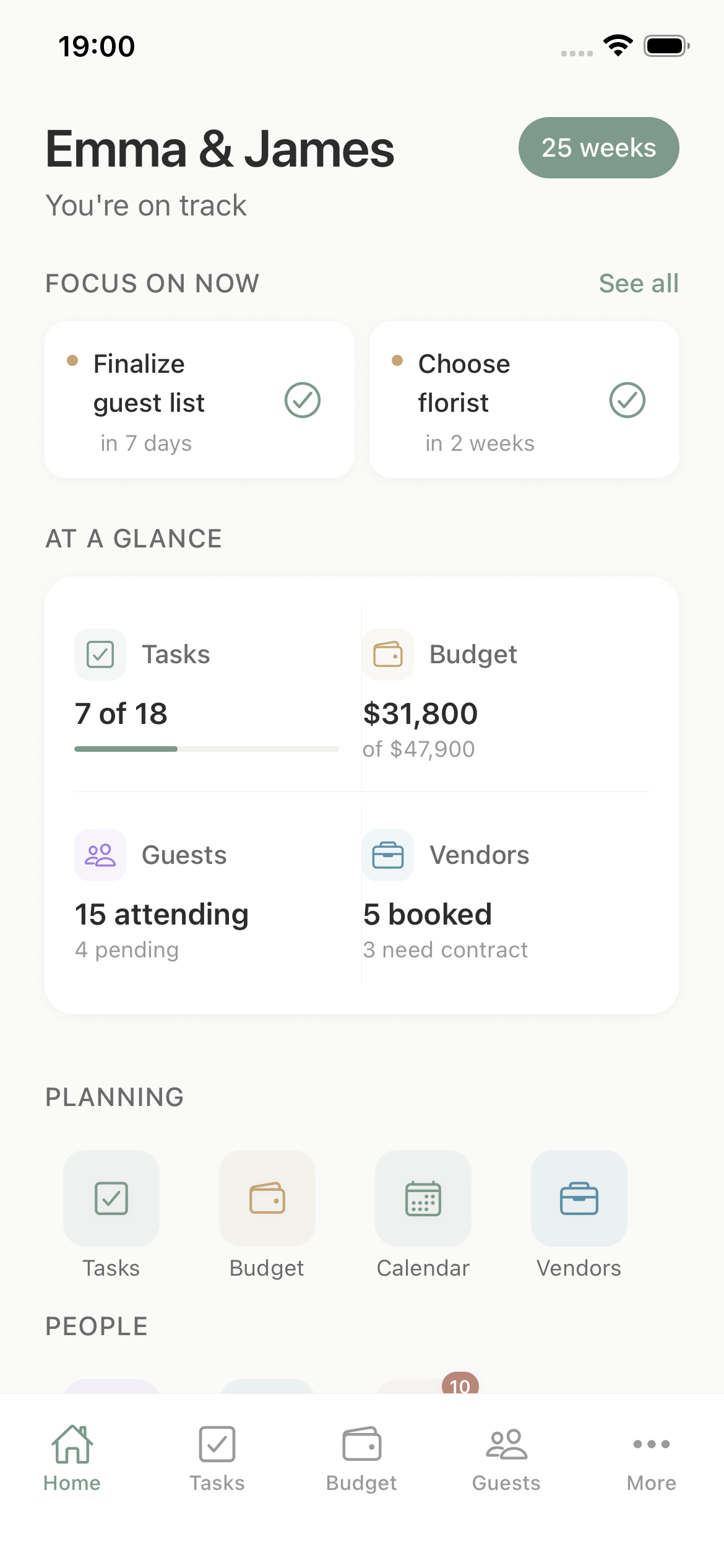 Next Step wedding planner dashboard with sample wedding tasks, budget, guests, and vendors