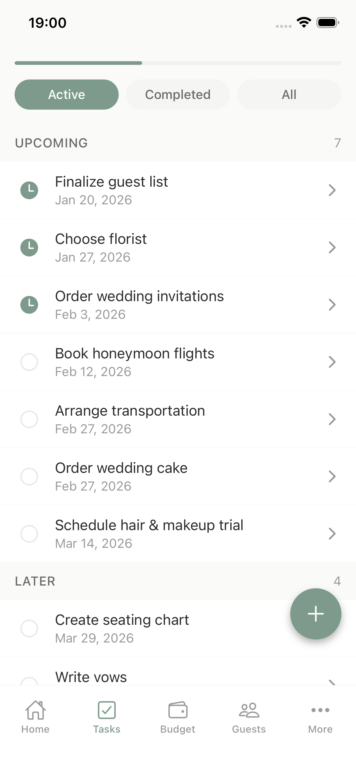 Next Step upcoming wedding tasks and checklist using sample planning data