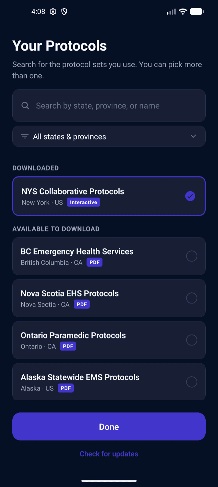 Pocket Protocols protocol-set picker showing county and regional protocol sets on Android